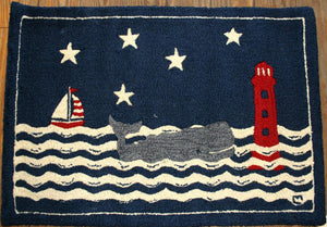 2x3 Wool Hooked Rug Whale, Lighthouse, Sailboat