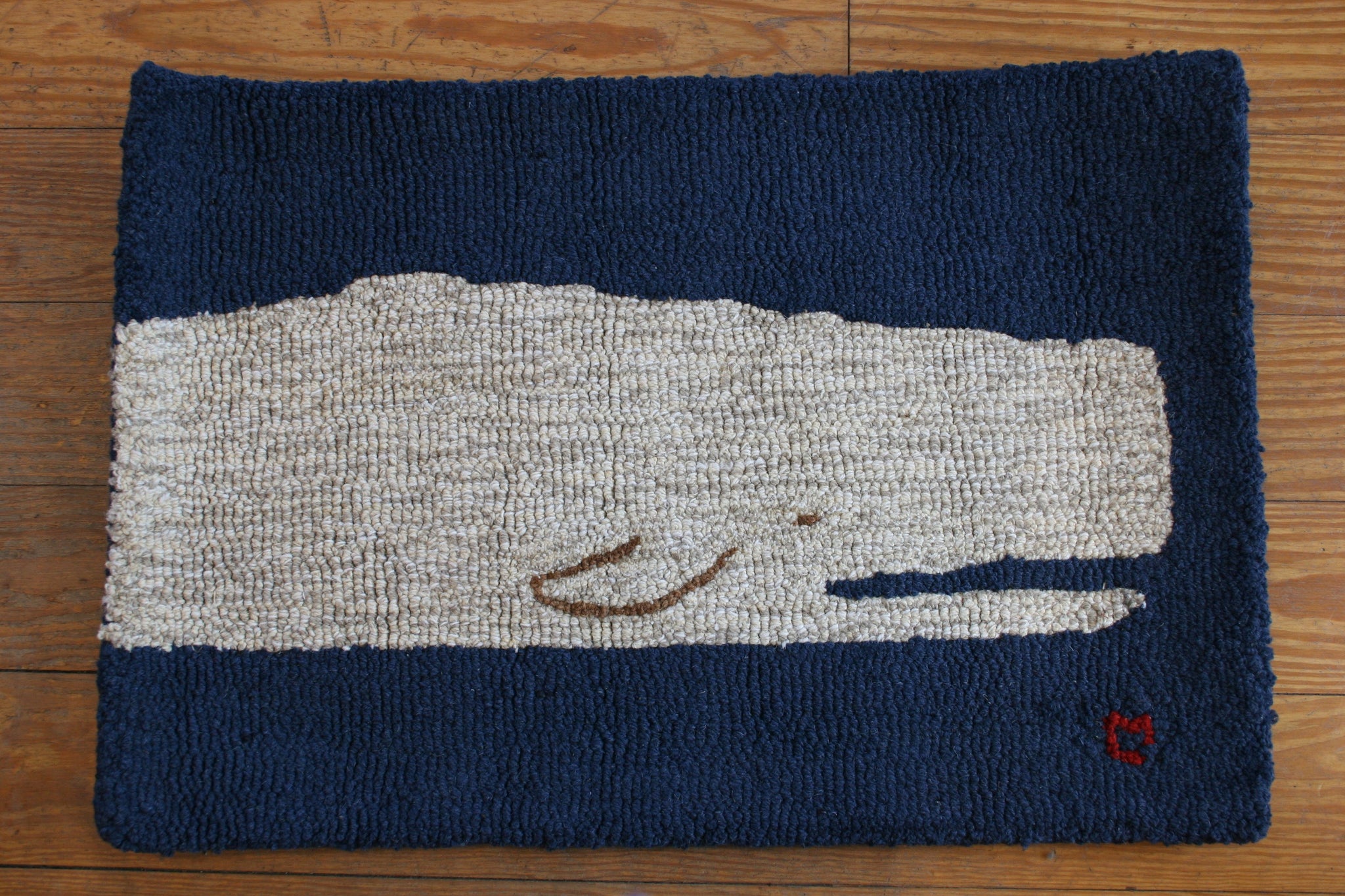 20x30 White Whale on Blue Wool Hooked Rug